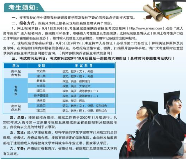 陕西理工大学2020年成人高考招生简章