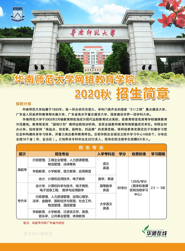 华南师范大学2020年网教招生简章