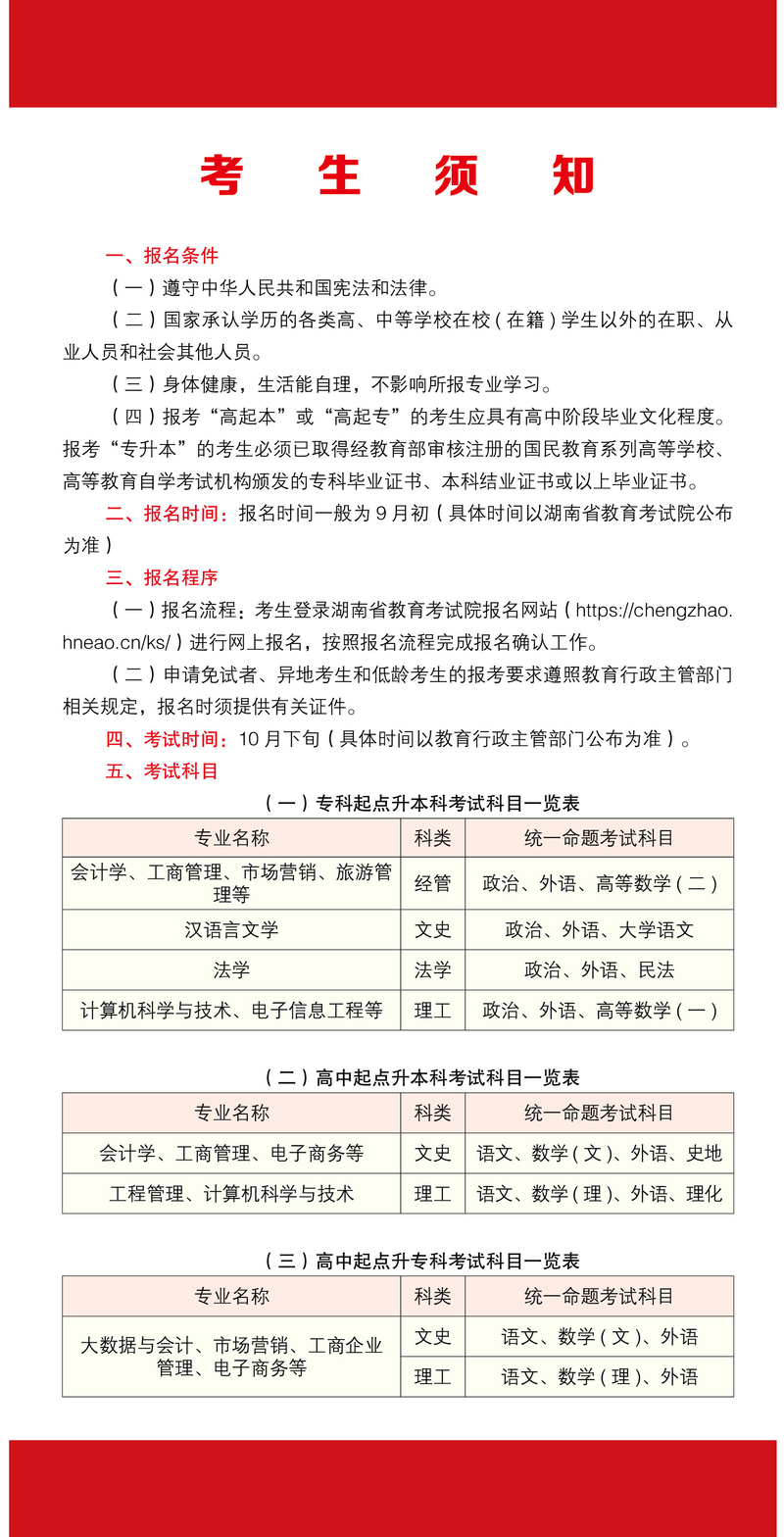 湖南工商大学2021年成人高考招生简章