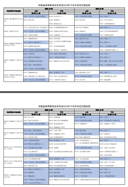 2023年10月河南自考考试安排