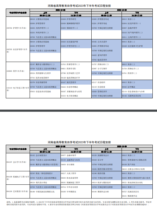 2023年10月河南自考考试安排