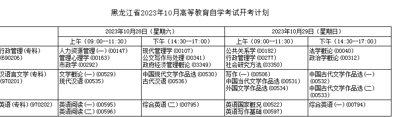 2023年10月黑龙江自考考试课程安排