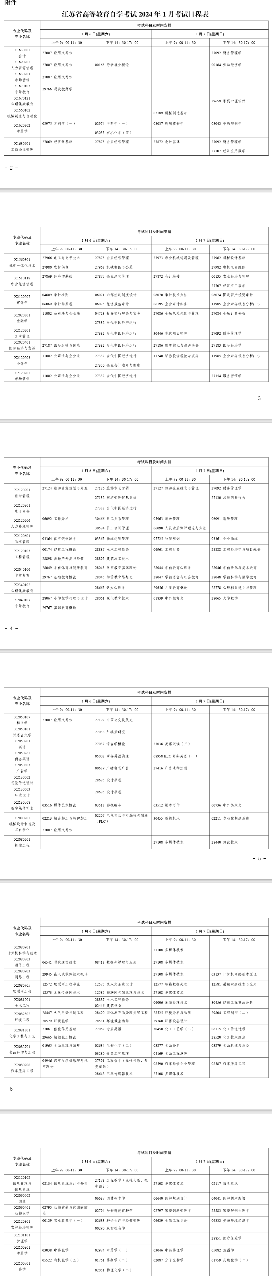 江苏2024年1月自考考试时间及科目安排一览