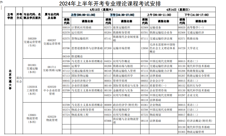 2024自考科目时间表