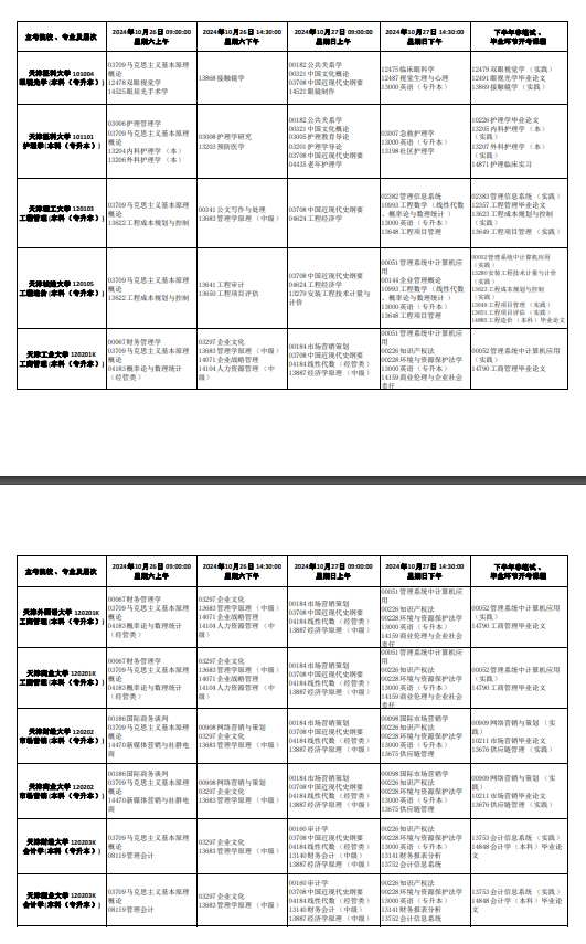 2024年10月天津自考考试安排一览表