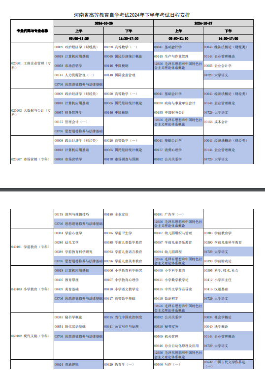 2024年河南自学考试下半年日程安排