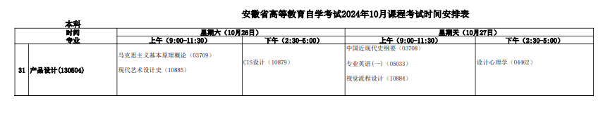 2024年10月安徽自考考试科目一览表