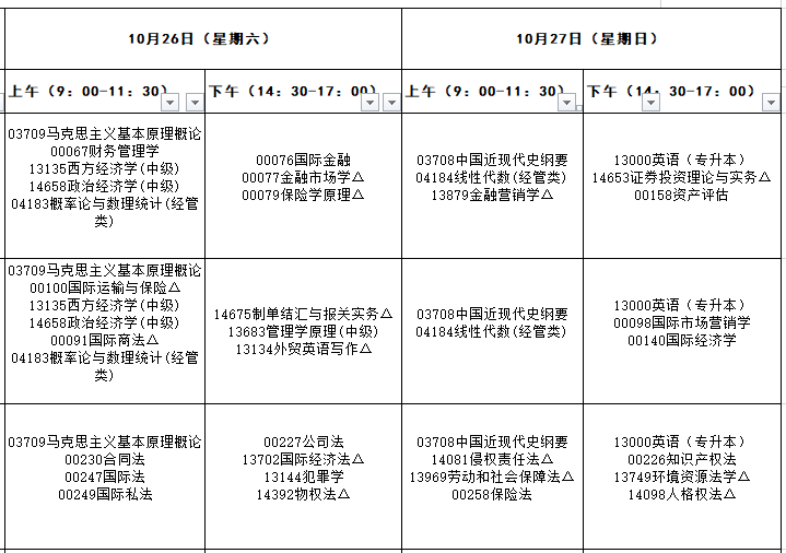 2024年福建10月自学考试时间及科目安排表