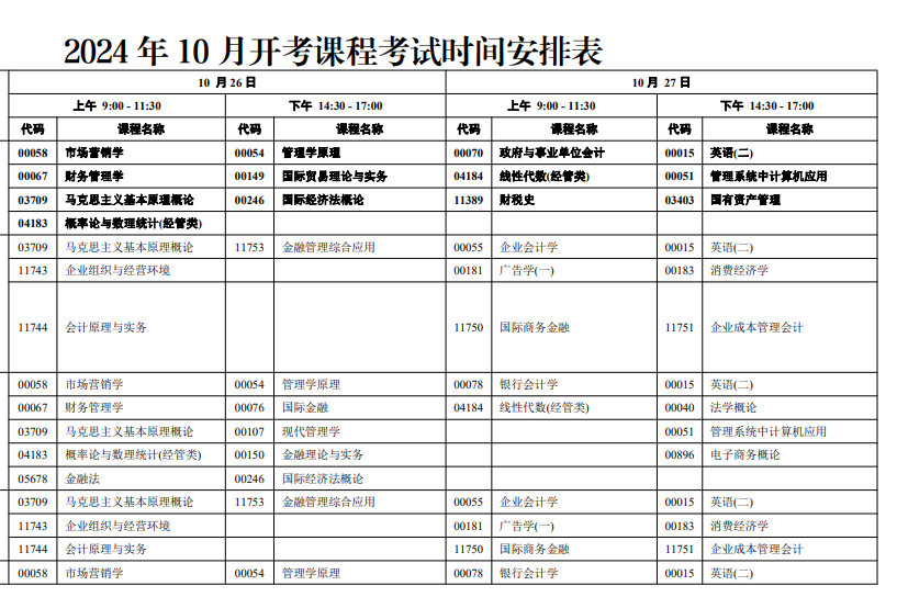 2024年广东10月自学考试时间及科目一览表