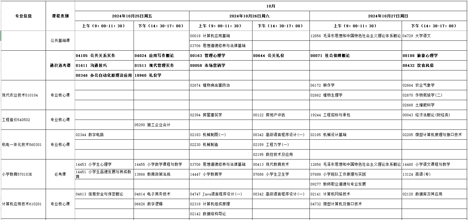 2024湖北10月自考科目考试时间安排表