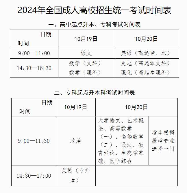 2024全国成人高考考试时间是什么时候