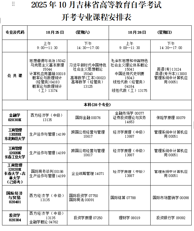2025年吉林10月自考考試時間及科目表