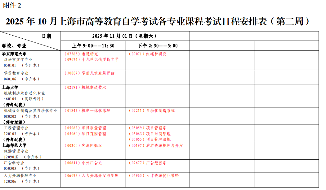 2025年上海10月自學(xué)考試時間及科目安排表